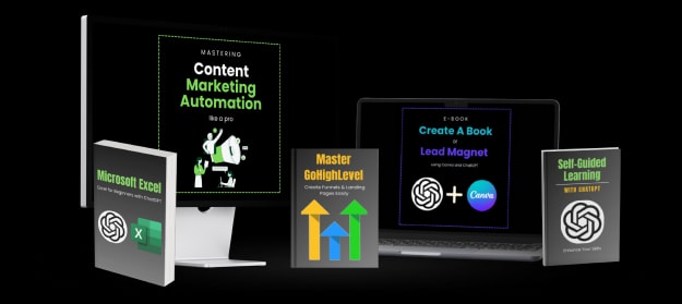 Course materials showcase including Excel, Content Marketing, and ChatGPT courses