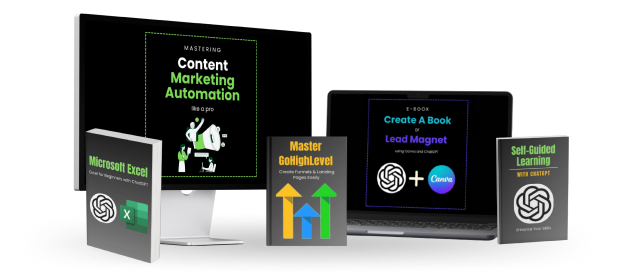 Course materials showcase including Excel, Content Marketing, and ChatGPT courses